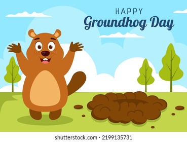 Happy Groundhog Day on February 2 with Cute Marmot Character and Garden Background Template Hand Drawn Cartoon Flat Illustration