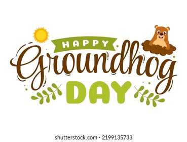 Happy Groundhog Day on February 2 with Cute Marmot Character and Garden Background Template Hand Drawn Cartoon Flat Illustration