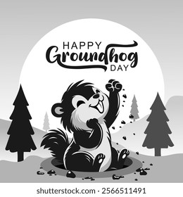 Happy Groundhog Day on February 2 . Groundhog Day banner with calligraphy hand lettering and cute cartoon marmots crawling out of hole. best for banners, posters and social media posts.