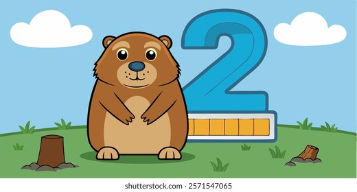 Happy Groundhog Day on February 2 with Cute Marmot Character and Garden Background Template Hand Drawn Cartoon Vector illustration