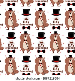 Happy Groundhog Day. Pattern of a groundhog in a tuxedo, top hat, bow tie, with a cane in his hand on a white background.Vector illustration.