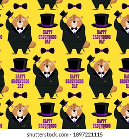 Happy Groundhog Day. Pattern of a groundhog in a tuxedo, top hat, bow tie, with a cane in his hand on a yellow background.Vector illustration.