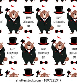 Happy Groundhog Day. Pattern of a groundhog in a tuxedo, top hat, bow tie, with a cane in his hand on a white background.Vector illustration.