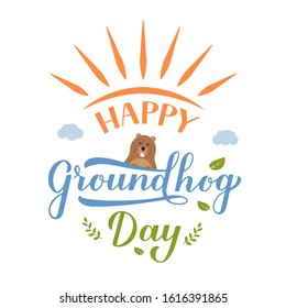 Happy Groundhog Day postcard with calligraphy hand lettering with funny cartoon groundhog. Easy to edit vector template for greeting card, typography poster, banner, flyer, sticker, etc.