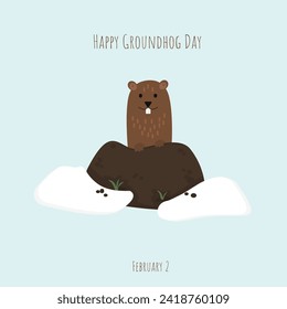 Happy Groundhog Day poster. Illustration with marmot peeks out of a hole