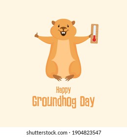 Happy Groundhog Day Poster with marmot with a thermometer vector. Marmot predicting the weather cartoon character. Weather forecast with marmot vector. Woodchuck with a thermometer icon. Important day