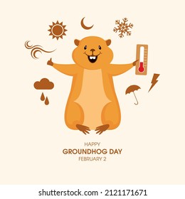 Happy Groundhog Day Poster with marmot and weather icon set. Cute marmot predicting the weather cartoon character. Happy woodchuck with a thermometer vector. February 2, Important day