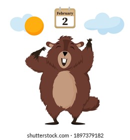 Happy Groundhog Day. Happy groundhog rejoices in spring. Isolated vector illustration on a white background.