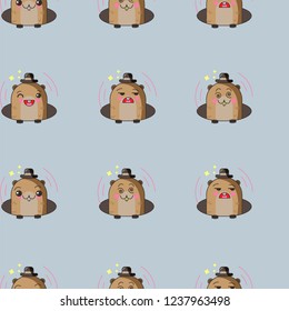 Happy groundhog day. Seamless pattern with cute groundhogs in kawaii style. Groundhogs emoji set