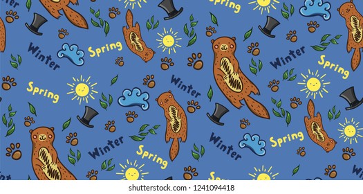 Happy groundhog day seamless pattern on blue background. Cartoon style. Vector.