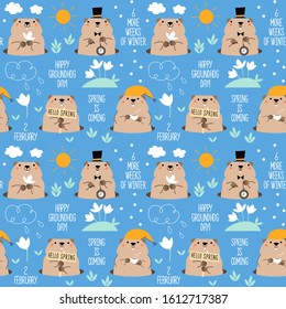 Happy Groundhog Day. Seamless pattern with cute groundhogs. Spring and winter weather. Design for print greetings card, banner, poster. Vector illustration.