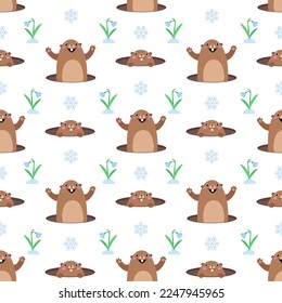 Happy Groundhog Day seamless pattern with cute cartoon marmot, snowflake and snowdrop flower. Flat vector illustration. Useful for print, fabric, wrapping paper, wallpaper, poster and other design 