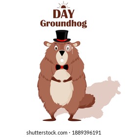 Happy Groundhog Day. A serious groundhog with a shadow in a top hat, bow tie, isolated on a white background. Vector illustration.