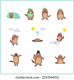 Happy Groundhog Day set with cute cartoon marmot in various poses. Vector illustration isolated on white background. Can be used for web, mobile app, banner, poster, greeting card and other design 