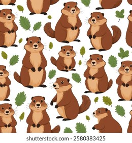 Happy Groundhog Day set with cute cartoon marmot in various poses. Vector illustration.