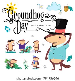 Happy Groundhog Day set, cute marmot in cylinder holds flower - white snowdrop, prediction of weather, animal climbed out of ground burrows after wintering, hog gipernation vector illustration