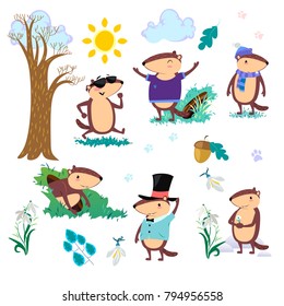 Happy Groundhog Day set, cute marmot in cylinder holds flower - white snowdrop, prediction of weather, animal climbed out of ground burrows after wintering, hog gipernation vector illustration