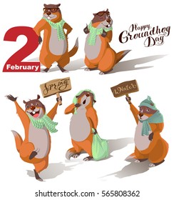 Happy Groundhog Day. Set Marmot casts shadow. Lettering text for greeting card. Vector cartoon illustration
