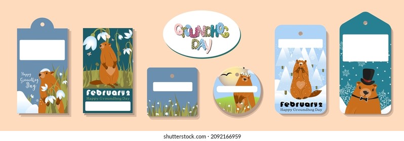 Happy Groundhog Day. Set of marmots tags. Text lettering for greeting card. Vector cartoon illustration. Cute stickers or tags or banner of marmot day as funny marmot cartoon. February 2.