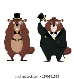 Happy Groundhog Day. Set of two elegant groundhogs isolated on a white background. Vector illustration.