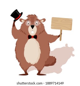 Happy Groundhog Day. Happy groundhog with a shadow in a top hat, bow tie, with a sign for the text in his hands, isolated on a white background. Vector illustration.