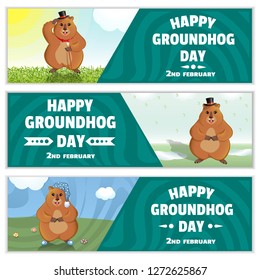 Happy Groundhog Day is a spring holiday. February 2nd. Set of horizontal banners. Marmot with a cane, in a bowler hat, in a nightcap and slippers. Vector graphics.
