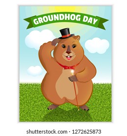 Happy Groundhog Day - a spring holiday. February 2nd. Greeting card, sun, herbs, shadow of a groundhog. Marmot with a cane, in a cauldron. Vector graphics.