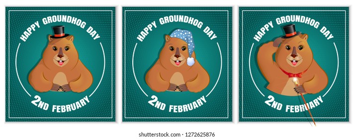 Happy Groundhog Day is a spring holiday. February 2nd. Set of square banners. Marmot with a cane, in a bowler hat, in a nightcap and slippers. Vector graphics.