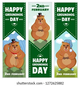 Happy Groundhog Day is a spring holiday. February 2nd. Set of vertical banners. Marmot with a cane, in a bowler hat, in a nightcap and slippers. Vector graphics.