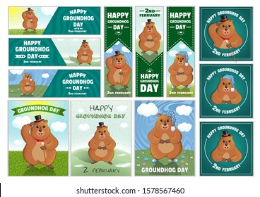 Happy Groundhog Day is a spring holiday. February 2 Set of banners and posters. Groundhog with a cane, in a bowler hat, in a cap and slippers. Vector graphics.