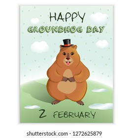 Happy Groundhog Day - Spring Holiday.February 2nd. Greeting Card, Rain, Puddles, Groundhog Shadow. Marmot In A Bowler Hat. Vector Graphics.