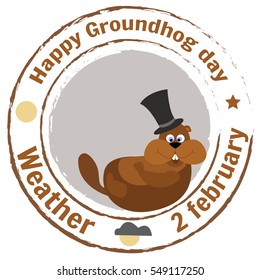 Happy Groundhog Day. Stamp flat style. Celebration of spring. Marmot in the cylinder awoke in his hole.