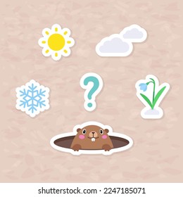 Happy Groundhog Day sticker pack with cute cartoon marmot and symbols. Printable vector illustration. Can be used for web, mobile app, print, banner, poster, greeting card and other design 