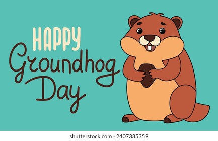 Happy Groundhog Day text banner. Handwriting text Happy Groundhog Day with cute groundhog. Hand drawn vector art