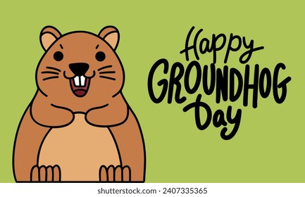 Happy Groundhog Day text banner. Handwriting text Happy Groundhog Day with cute groundhog. Hand drawn vector art