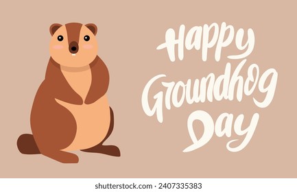 Happy Groundhog Day text banner. Handwriting text Happy Groundhog Day with cute groundhog. Hand drawn vector art