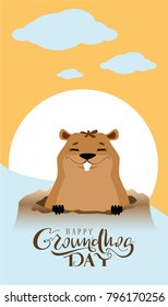 Happy Groundhog Day text greeting card. Marmot got out of hole. Vector cartoon illustration