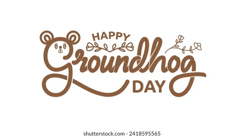 Happy Groundhog Day text Handwritten inscription calligraphy vector illustration with the cute groundhog. Celebrated on 2 February. Calligraphy design for print greetings cards, banners, and posters