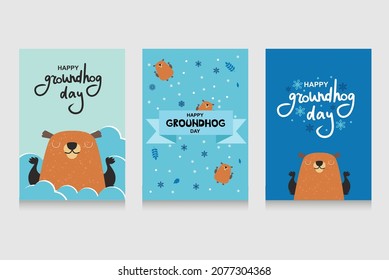 Happy Groundhog Day. Trendy Abstract Art Templates With Groundhog, Snow, Dots. Set Of Flat Backgrounds For Social Media, Stories, Banners, Invitation Cards, Poster, Greeting Card, Header For Website