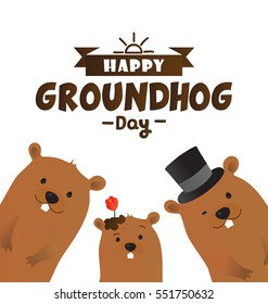 Happy Groundhog Day Typographic Vector Design with Cute Marmot Family Characters - Advertising Poster or Flyer Template