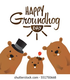 Happy Groundhog Day Typographic Vector Design with Cute Marmot Family Characters - Advertising Poster or Flyer Template