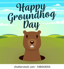 Happy Groundhog Day typography and design with cute groundhog character