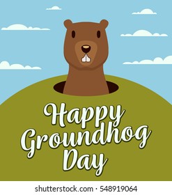 Happy Groundhog Day typography and design with cute groundhog character