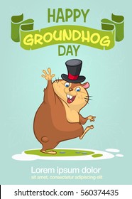 Happy Groundhog Day typography and design with cute cartoon groundhog character. Vector illustration