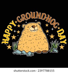 Happy Groundhog Day Typography t shirt. Hand drawn lettering text with cute groundhog. 2 February. Vector illustration. Script. Calligraphic design for print greetings card, banner, poster. Colorful