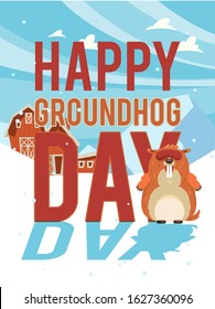 Happy Groundhog Day! Vector colorful illustration with cute marmot and its shadow