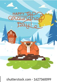 Happy Groundhog Day! Vector colorful illustration with cute marmot and its shadow