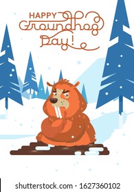 Happy Groundhog Day! Vector colorful illustration with cute marmot and its shadow