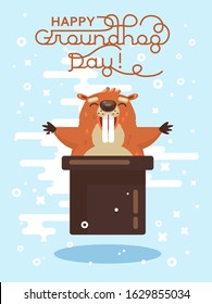 Happy Groundhog Day! Vector colorful illustration with cute marmot and its shadow