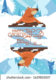 Happy Groundhog Day! Vector colorful illustration with cute marmot and its shadow